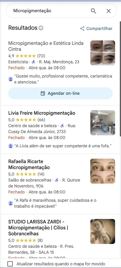 Busca por micropigmentação no Google Maps em Araçatuba com Micropigmentação e Estética Linda Cintra em primeiro lugar, nota 4,9 com 70 avaliações